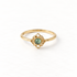 A gold jade filigree ring with green cabochon center stone in diamond-shaped ornate setting, vintage-inspired delicate metalwork with scrolling details, open adjustable band, shown from front and side angles on a clean white background displaying the rich green hue, intricate lace-like frame, and polished gold finish.