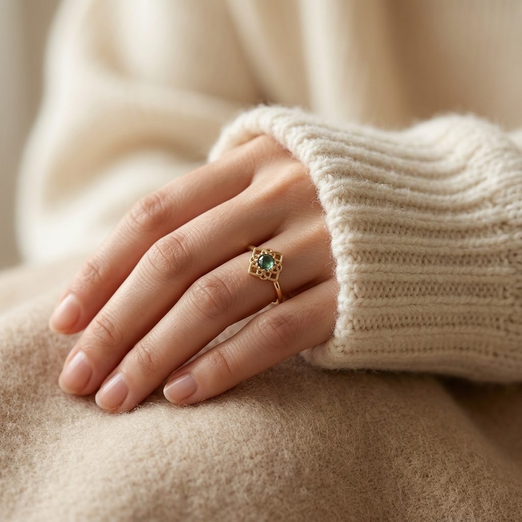 Close-up of a feminine hand wearing a gold jade filigree ring with green cabochon center stone in diamond-shaped ornate setting, the vintage-inspired design resting on the finger. Soft natural lighting, warm beige linen background, natural skin texture with visible pores and slight imperfections.