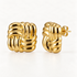 A pair of 18k gold knot-braid stud earrings with interwoven square woven texture, shown from front and side angles on a clean white background displaying the detailed braided pattern and post with butterfly backing.