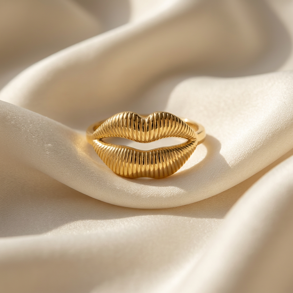 A gold lips kiss ring with detailed puckered mouth design and textured lip lines lying flat on a white background with soft natural shadows, showing the sculptural mouth form, intricate lip texture, and polished gold finish from above.