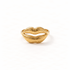 A gold lips kiss ring with detailed puckered mouth design and textured lip lines, playful statement piece with open adjustable band, shown from front and side angles on a clean white background displaying the sculptural mouth form, intricate lip texture, and polished gold finish.