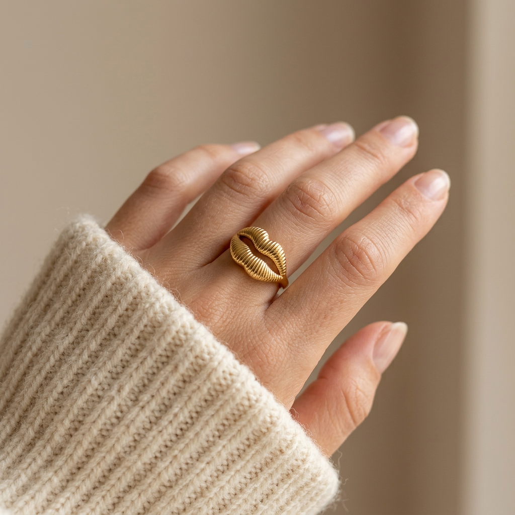 Close-up of a feminine hand wearing a gold lips kiss ring with detailed puckered mouth design, the playful statement piece resting on the finger. Soft natural lighting, warm beige linen background, natural skin texture with visible pores and slight imperfections.