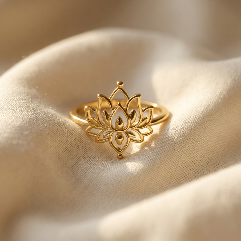 A gold lotus flower ring with detailed layered petal design and central teardrop accent lying flat on a white background with soft natural shadows, showing the intricate botanical symbolism, open adjustable band, and polished gold finish from above.