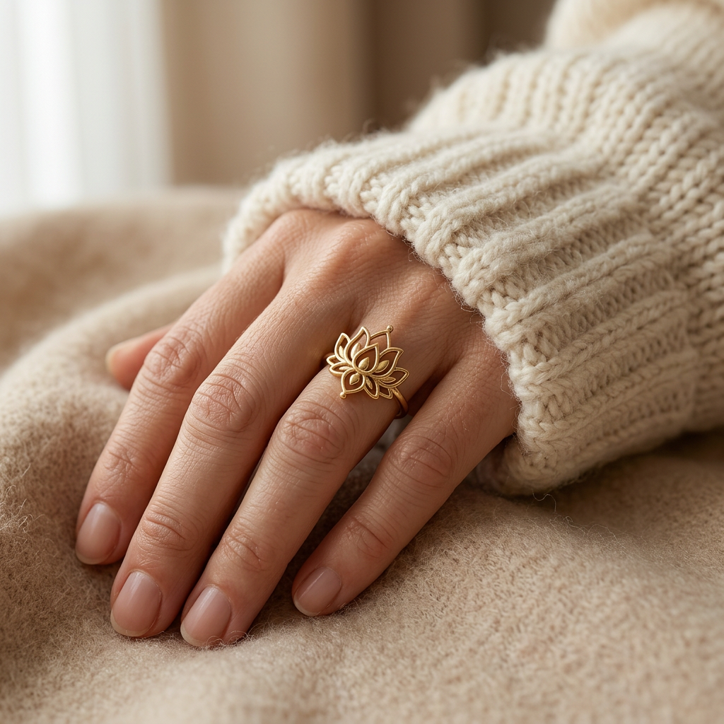 Close-up of a feminine hand wearing a gold lotus flower ring with detailed layered petal design, the spiritual bloom form resting on the finger. Soft natural lighting, warm beige linen background, natural skin texture with visible pores and slight imperfections.