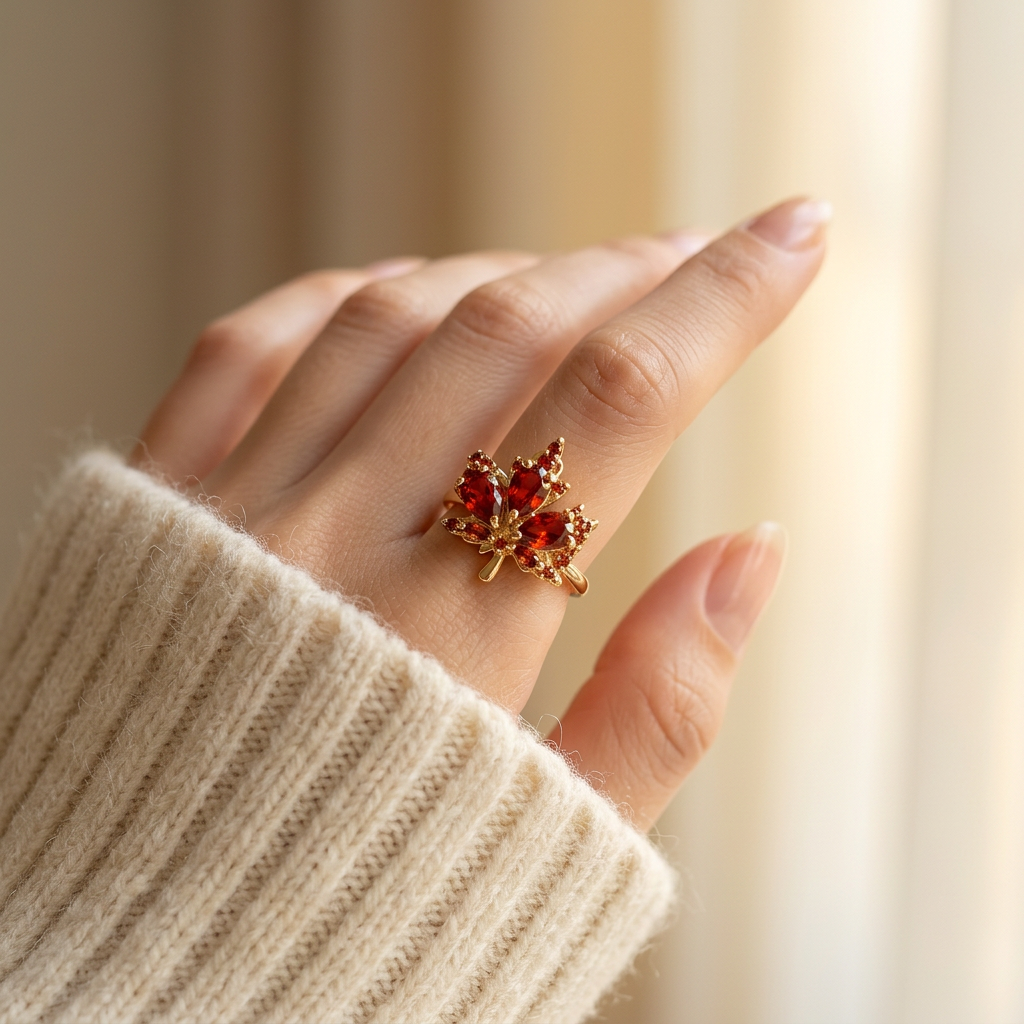 Close-up of a feminine hand wearing a gold maple leaf ring with amber orange citrine stones, the autumn-inspired design resting on the finger. Soft natural lighting, warm beige linen background, natural skin texture with visible pores and slight imperfections.