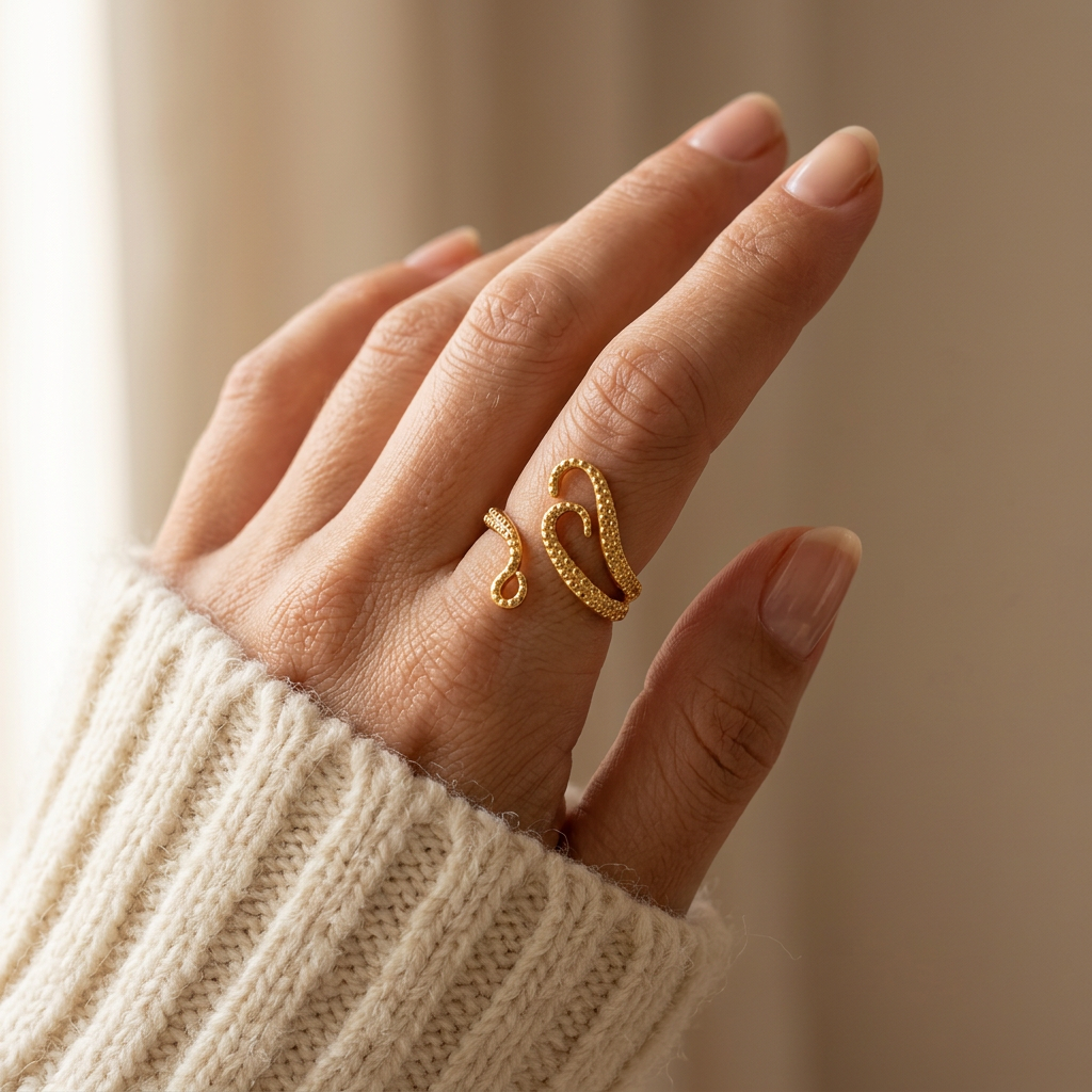 Close-up of a feminine hand wearing a gold octopus tentacle ring with detailed suction cup texture, the curved tentacle arms wrapping elegantly around the finger. Soft natural lighting, warm beige linen background, natural skin texture with visible pores and slight imperfections.