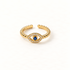 A gold pave evil eye ring with beaded ball chain band, clear crystals surrounding deep blue center stone, and detailed lash design, open adjustable band, shown from front and side angles on a clean white background displaying the protective symbol, sparkling stone detail, and polished gold finish.