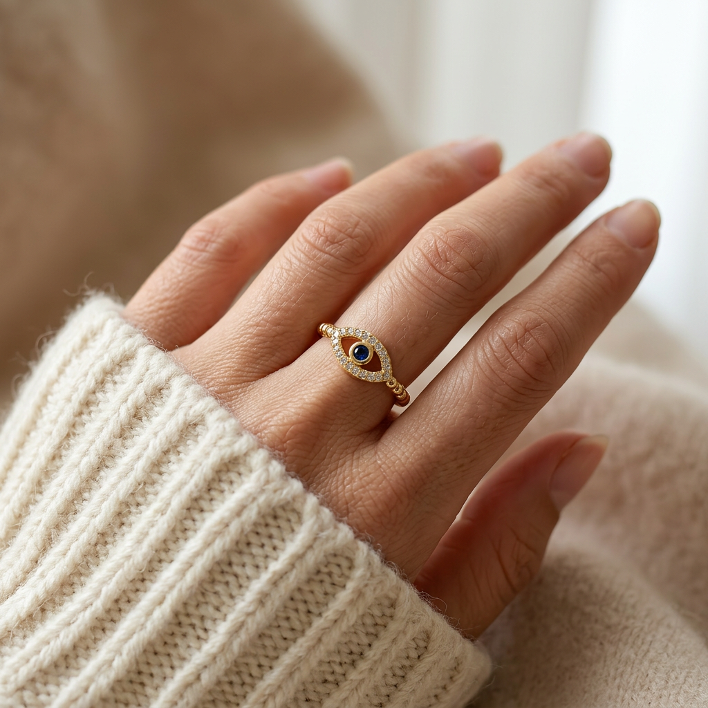 Close-up of a feminine hand wearing a gold pave evil eye ring with beaded ball chain band and deep blue center stone surrounded by clear crystals, the protective symbol resting on the finger. Soft natural lighting, warm beige linen background, natural skin texture with visible pores and slight imperfections.