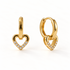 A pair of 18k gold heart-shaped huggie hoop earrings with clear pave crystals along the edges, shown from front and side angles on a clean white background displaying the hinged closure and sparkling stone detail.