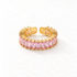 A gold pink baguette ring with continuous band of rectangular pink crystals, eternity-style open adjustable design with prong settings, shown from front and side angles on a clean white background displaying the soft rose hue, sparkling step-cut stones, and polished gold finish.