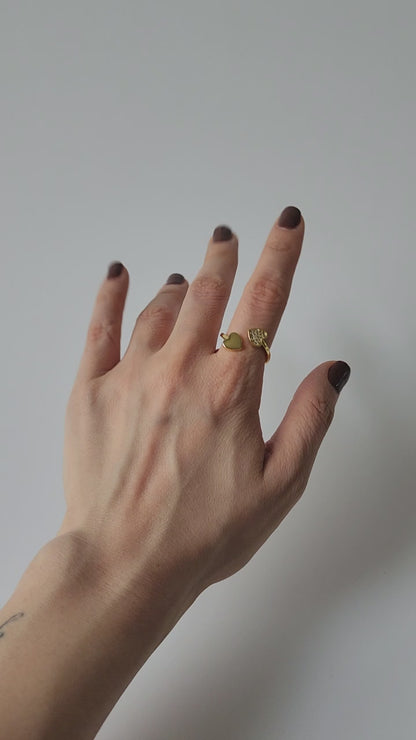 18K Gold Dainty Heart Open Ring for Women, Adjustable Minimalist Love Heart Band