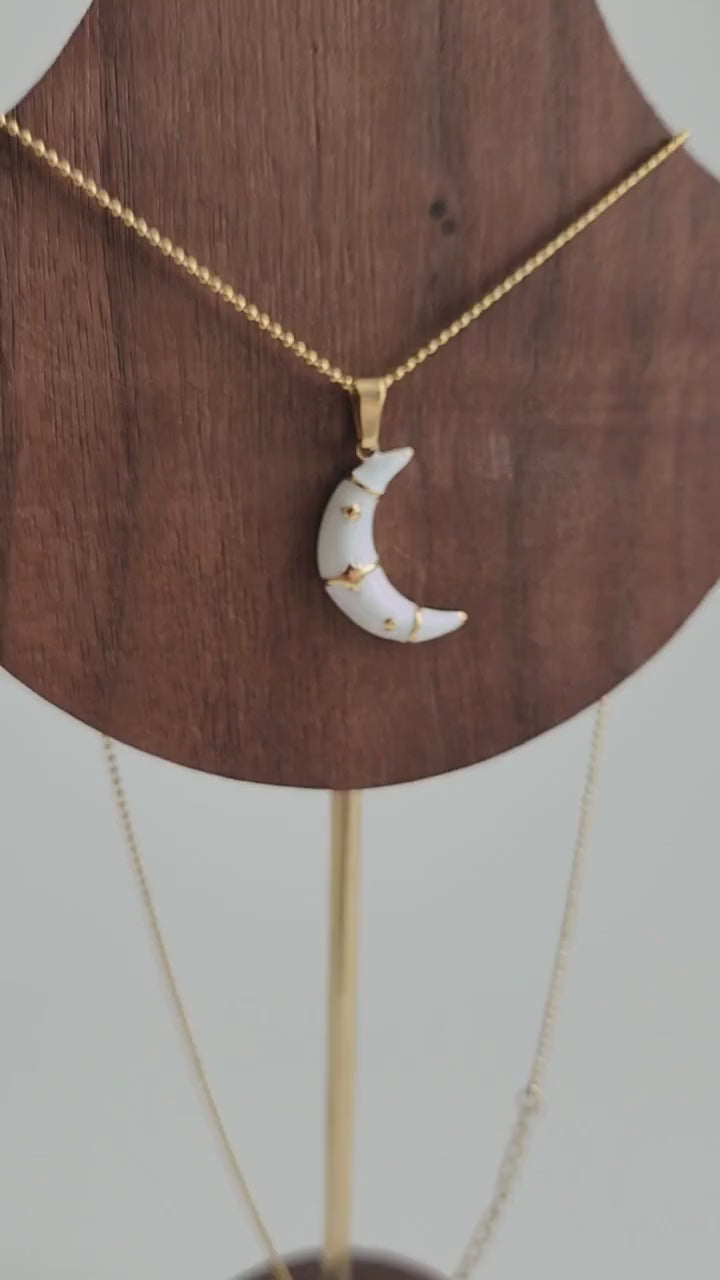 18K Gold Moon Enamel Necklace Dainty Minimalist Celestial Women&