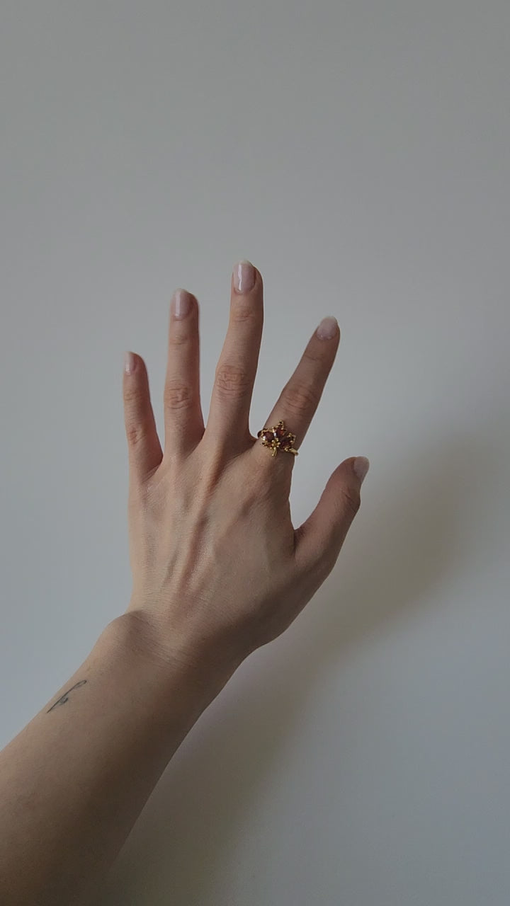 18K Gold Dainty Minimalist Maple Leaf Zircon Ring Adjustable Open Band Jewelry