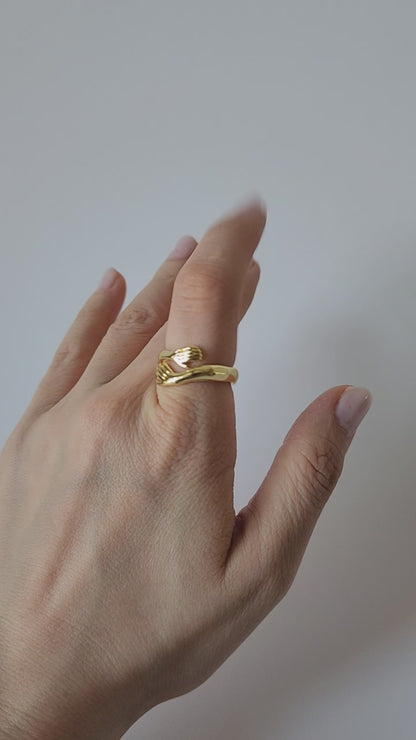 18K Gold Dainty Hug Ring for Women, Adjustable Minimalist Finger Embrace Band