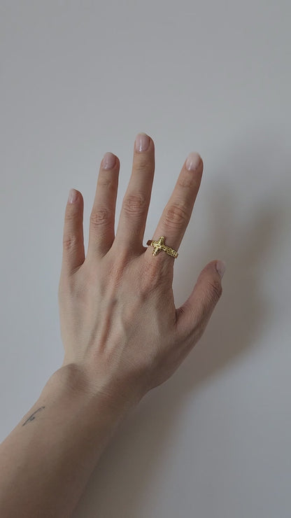 18K Gold Catholic Jesus Cross Ring, Adjustable Religious Christian Band Faith