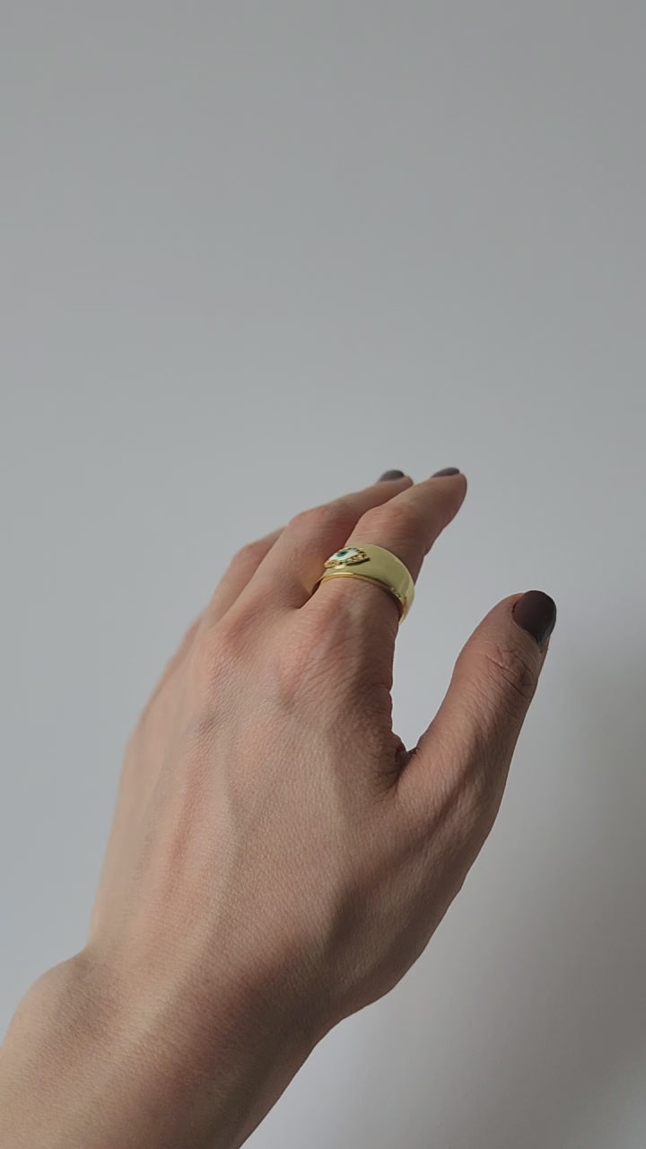 18K Gold Plated Thick Evil Eye Ring for Women, Bold Statement Protection Jewelry, Adjustable Wide Band Lucky Charm Gift for Her