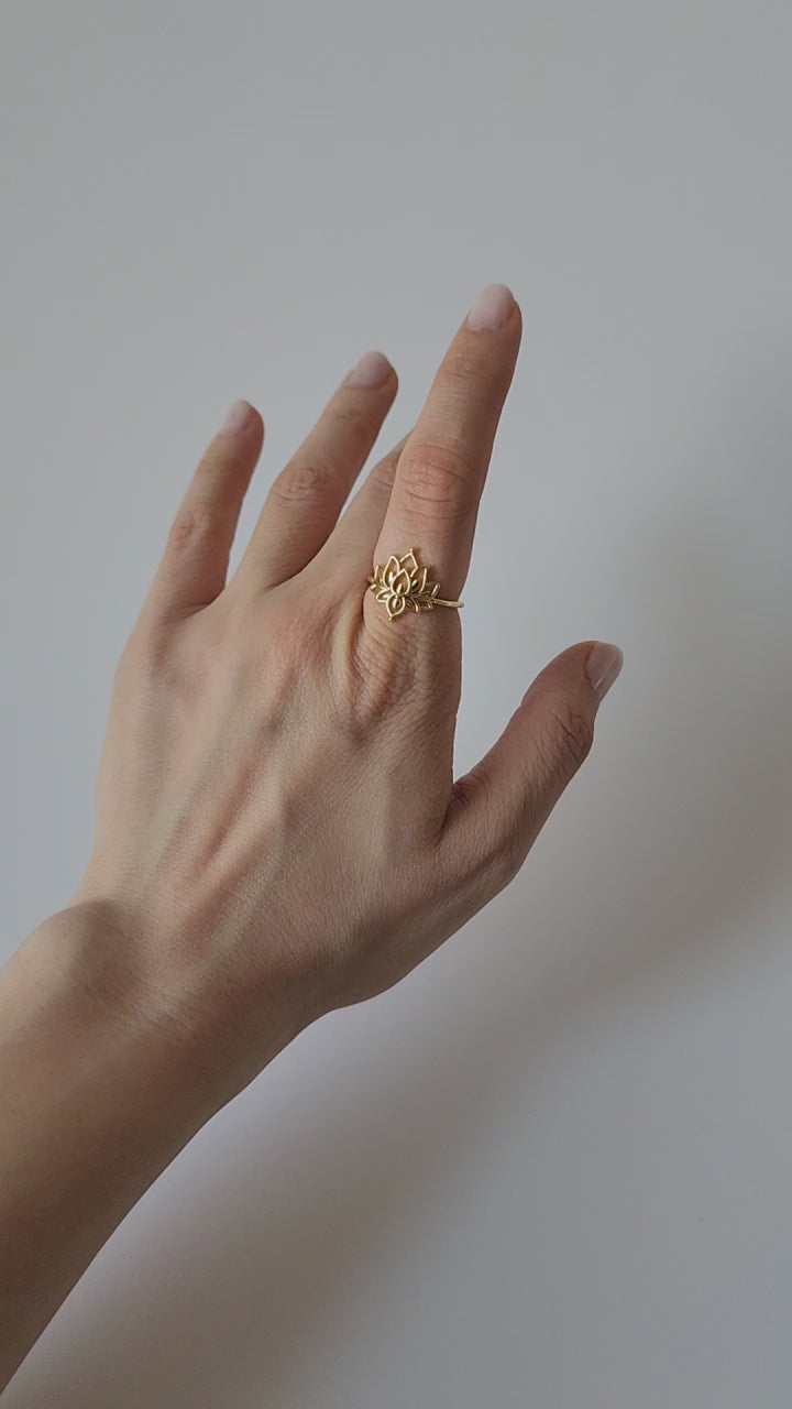 18K Gold Dainty Lotus Ring, Adjustable Minimalist Flower Band Spiritual Zen