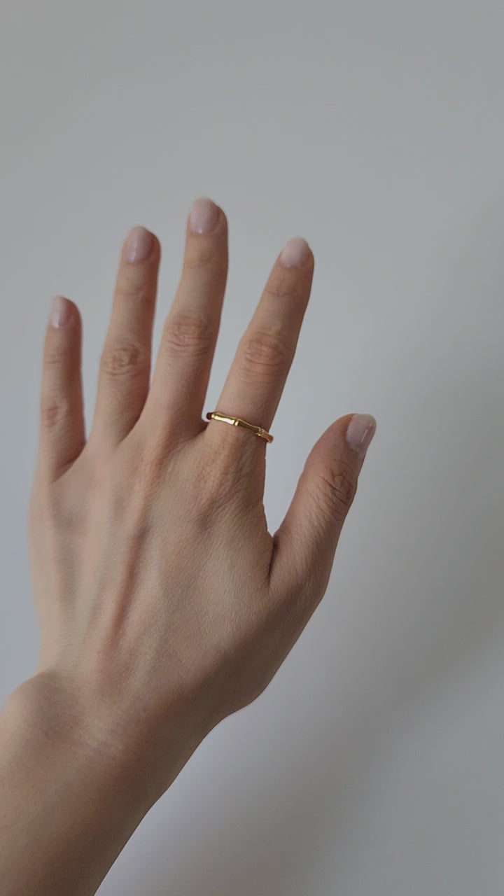 18K Gold Dainty Bamboo Ring for Women, Adjustable Minimalist Knotted Stackable