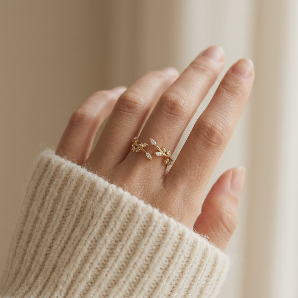 Crystal Leaf Gold Ring