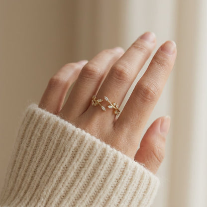 Crystal Leaf Gold Ring