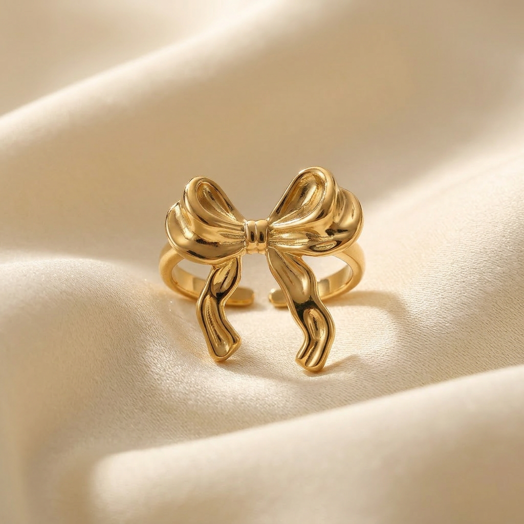 A gold ribbon bow ring with tied bow design featuring two loops and flowing tails lying flat on a white background with soft natural shadows, showing the feminine gift-wrapped aesthetic, detailed fabric texture, and polished gold finish from above.