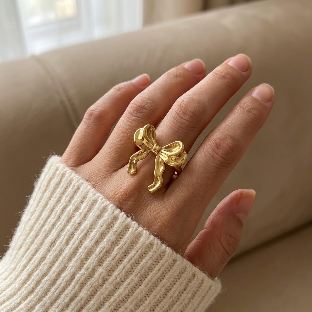 Close-up of a feminine hand wearing a gold ribbon bow ring with tied bow design, the feminine gift-wrapped aesthetic resting on the finger. Soft natural lighting, warm beige linen background, natural skin texture with visible pores and slight imperfections.