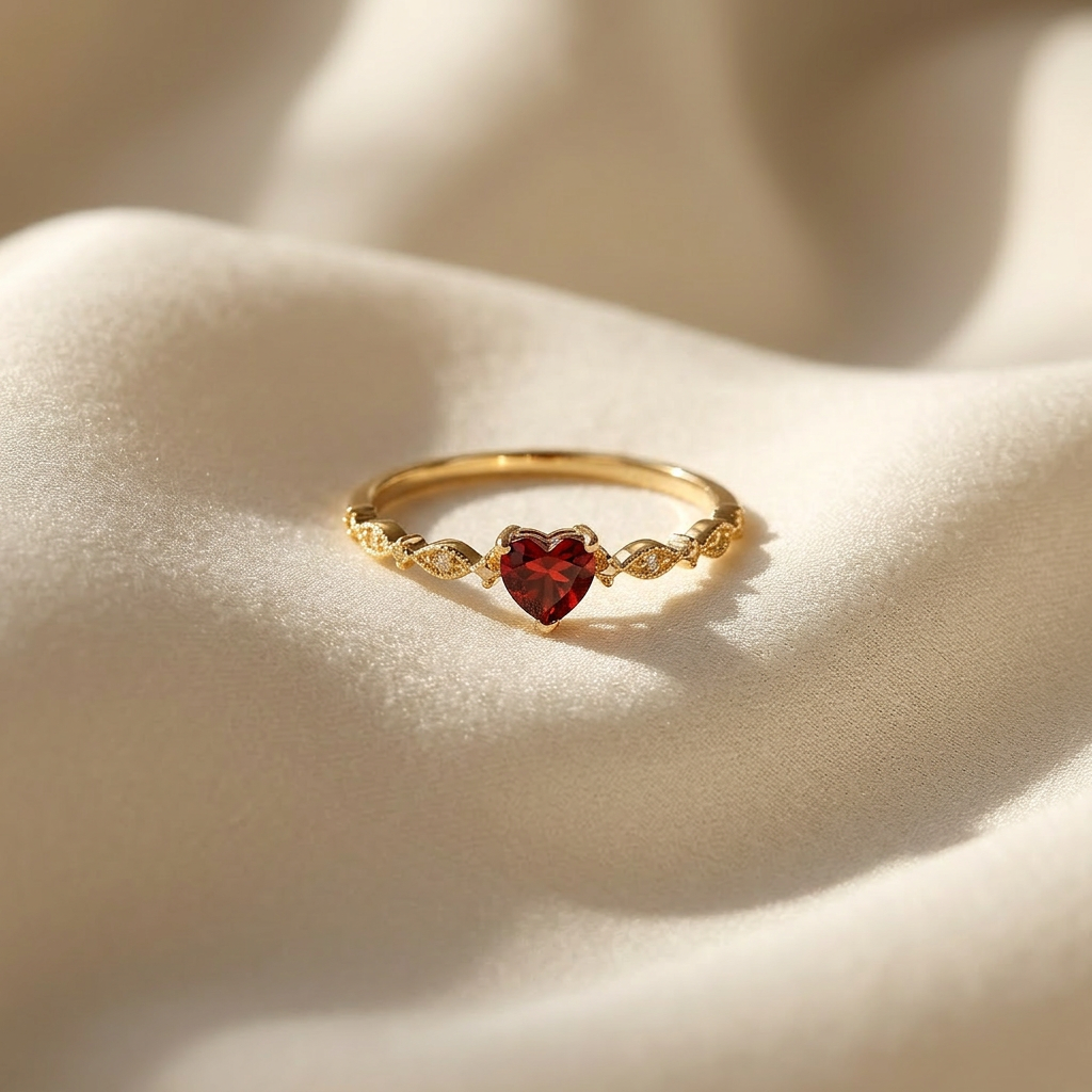 A gold heart ring with deep red ruby center stone and clear crystal accents on delicate band lying flat on a white background with soft natural shadows, showing the passionate red hue, sparkling stone setting, and polished gold finish from above.