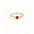 A gold heart ring with deep red ruby center stone and clear crystal accents on delicate band, romantic design with faceted gemstone, open adjustable band, shown from front and side angles on a clean white background displaying the passionate red hue, sparkling stone setting, and polished gold finish.