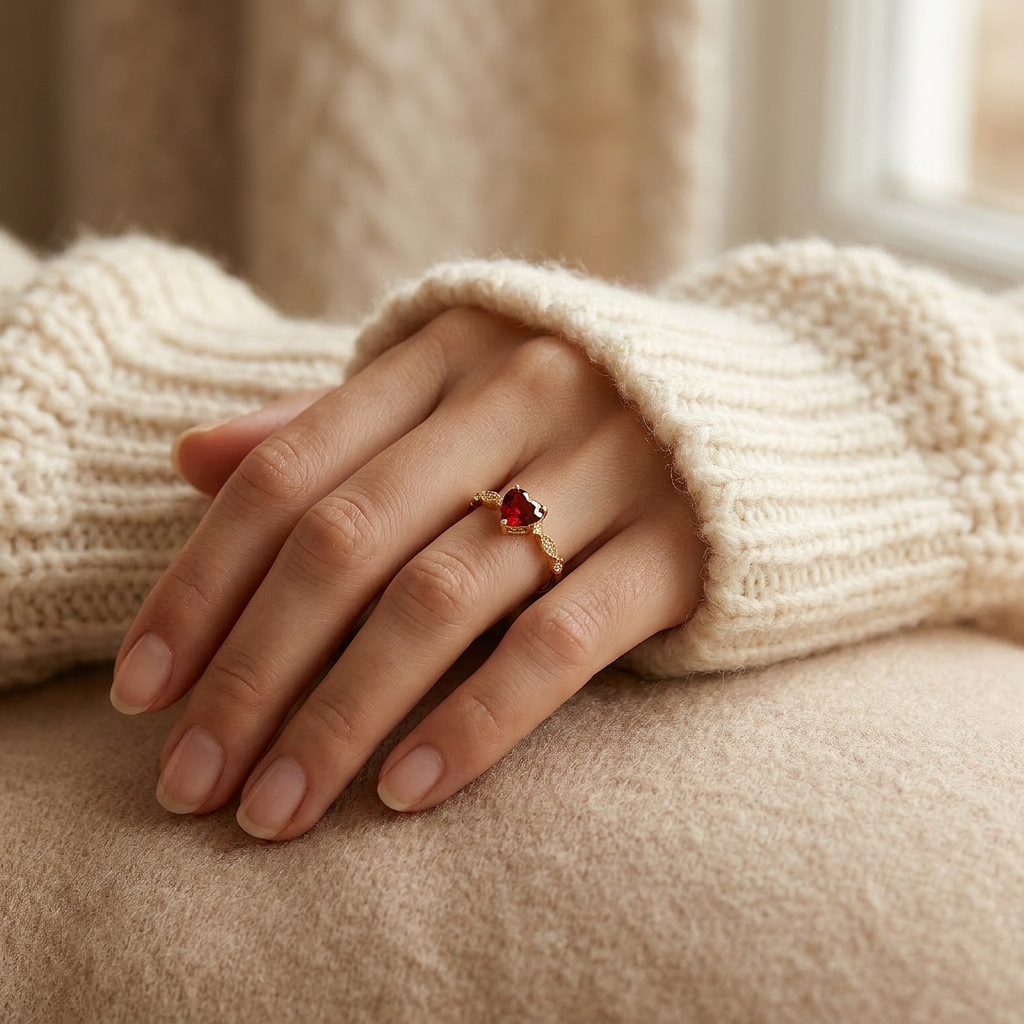Close-up of a feminine hand wearing a gold heart ring with deep red ruby center stone and clear crystal accents, the romantic design resting on the finger. Soft natural lighting, warm beige linen background, natural skin texture with visible pores and slight imperfections.