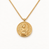 A gold Selene moon goddess coin necklace with detailed Roman-style medallion pendant depicting seated goddess holding crescent moon, textured border and figural relief, box chain design, shown from front and side angles on a clean white background displaying the intricate classical relief, mythological symbolism, and polished gold finish.
