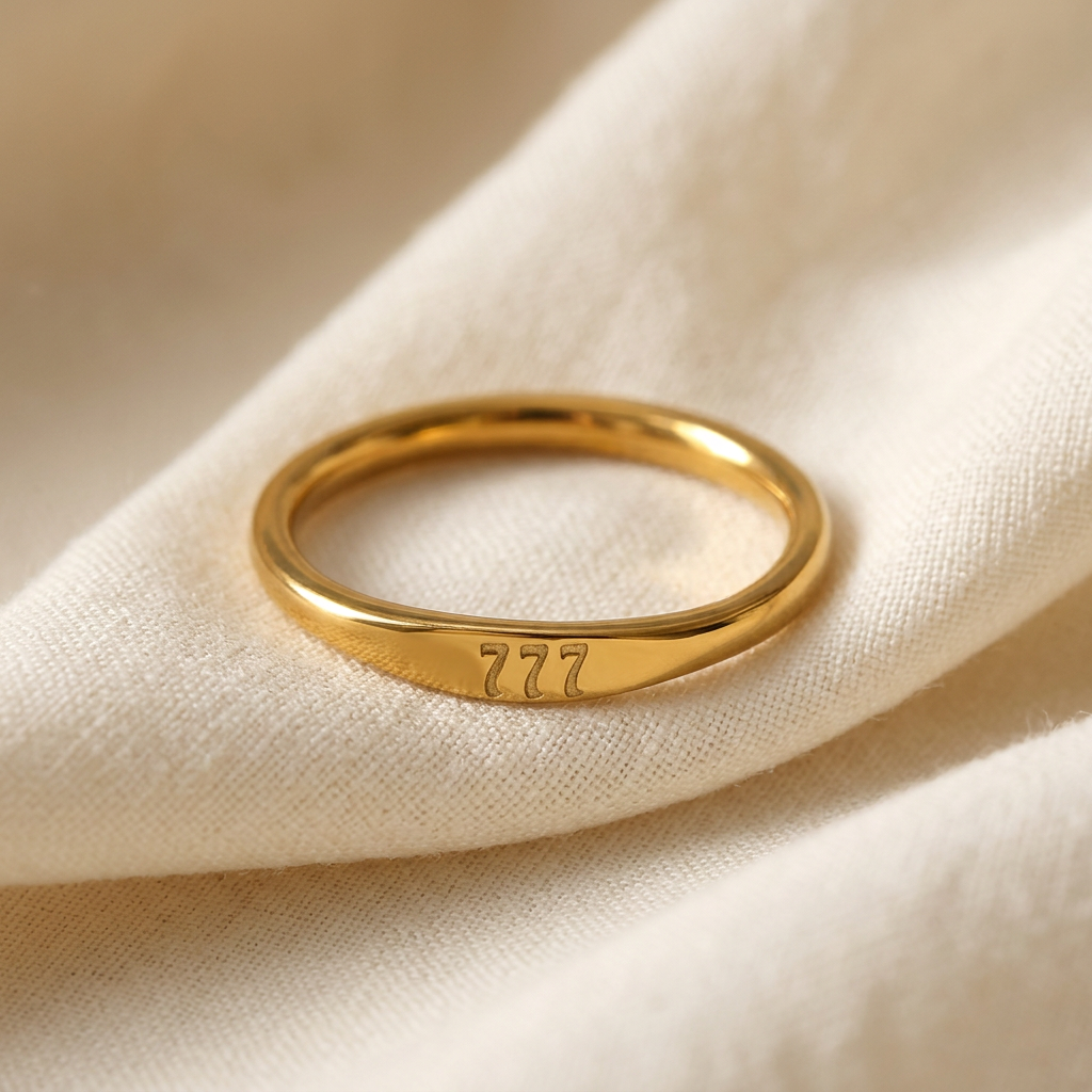 A gold angel number ring with "777" engraved on the band lying flat on a white background with soft natural shadows, showing the etched numerals, slim minimalist design, and polished gold finish from above.