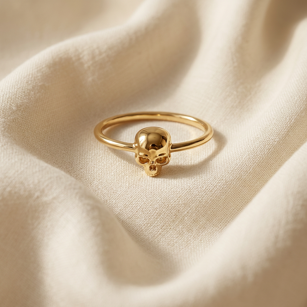 A gold skull ring with delicate band and small detailed skull centerpiece lying flat on a white background with soft natural shadows, showing the hollow eye sockets, defined jawline, minimalist band, and polished gold finish from above.