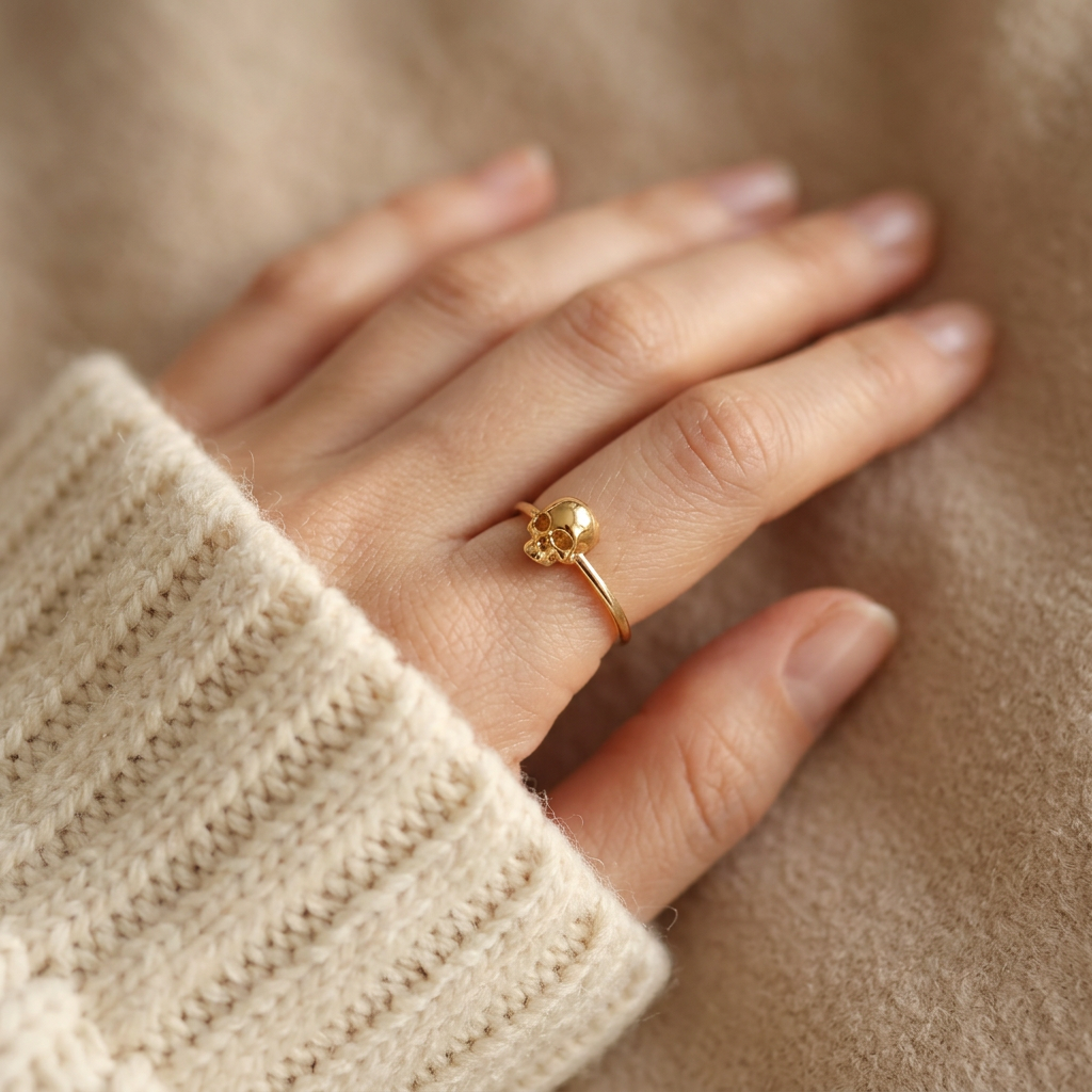 Close-up of a feminine hand wearing a gold skull ring with delicate band, the small detailed skull centerpiece resting on the finger. Soft natural lighting, warm beige linen background, natural skin texture with visible pores and slight imperfections, edgy yet feminine aesthetic.