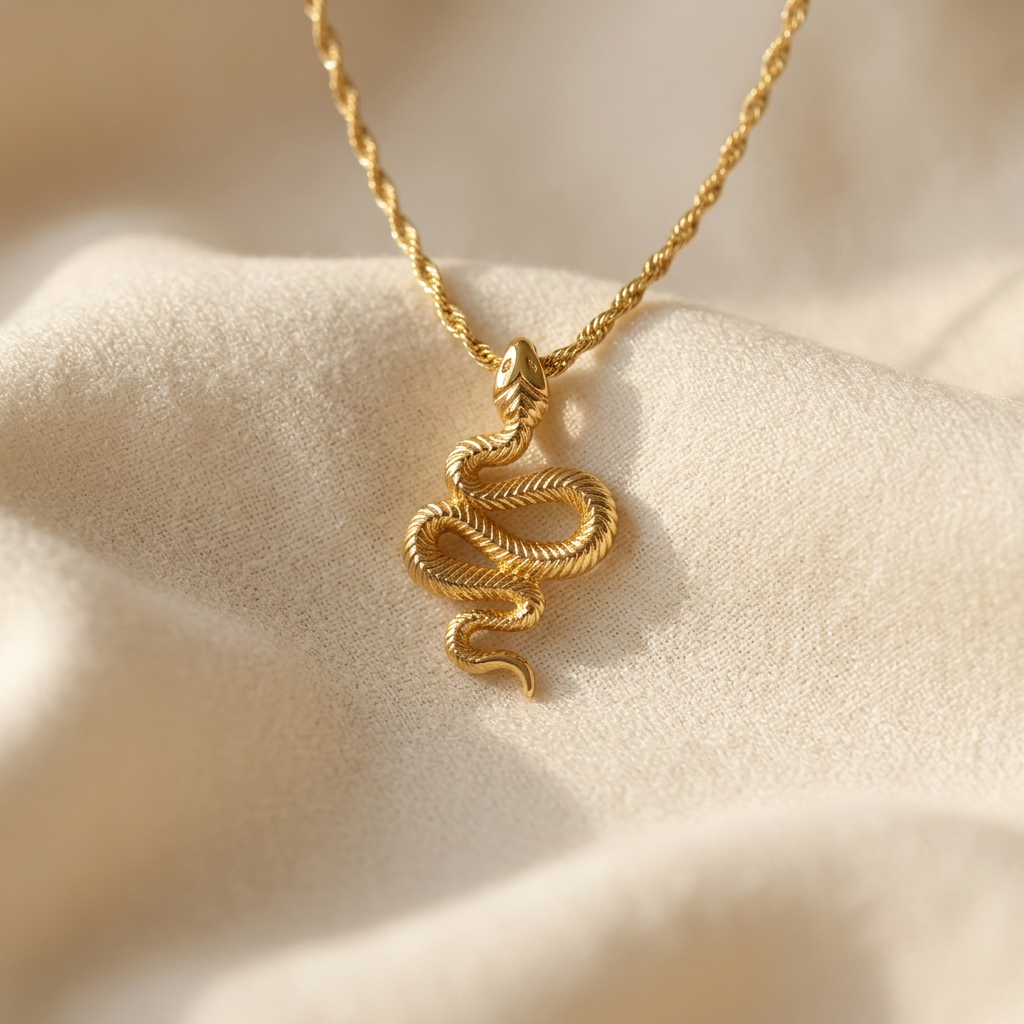 A gold snake pendant necklace with coiled serpent charm and twisted rope chain lying flat on a white background with soft natural shadows, showing the intricate scale texture, curved body design, and polished gold finish from above.