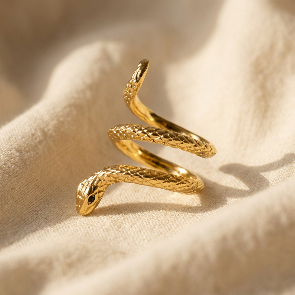 A gold snake wrap ring with detailed scale texture and coiled serpent body lying flat on a white background with soft natural shadows, showing the intricate scale pattern, open adjustable design, and polished gold finish with black eye detail from above.