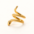 A gold snake wrap ring with detailed scale texture and coiled serpent body wrapping around the finger, open adjustable design with head and tail visible, shown from front and side angles on a clean white background displaying the intricate scale pattern, serpentine form, and polished gold finish with black eye detail.