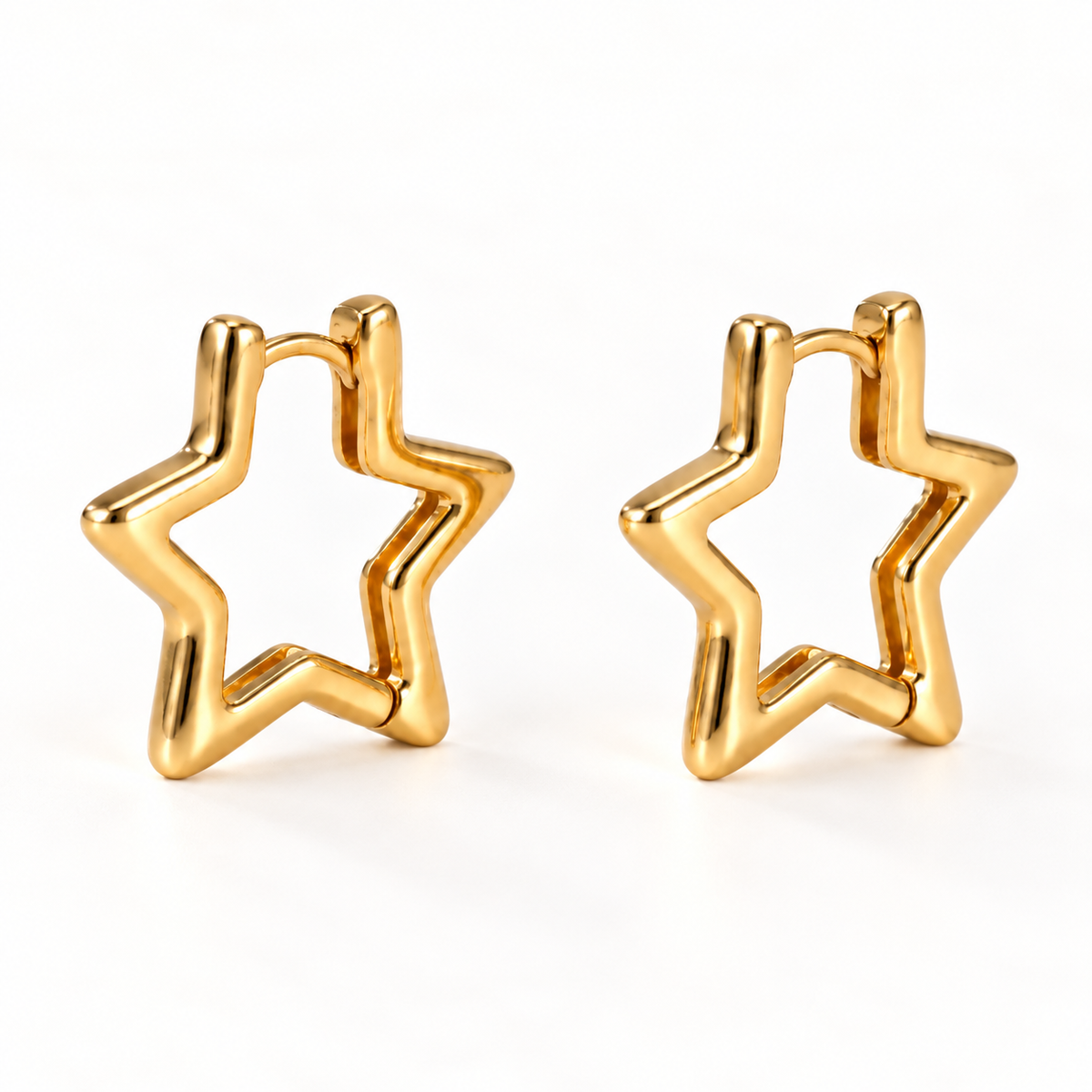 A pair of 18k gold star-shaped huggie hoop earrings with a hollow five-point design, shown from front and side angles on a clean white background displaying the hinged closure and polished geometric edges.
