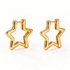 A pair of 18k gold star-shaped huggie hoop earrings with a hollow five-point design, shown from front and side angles on a clean white background displaying the hinged closure and polished geometric edges.