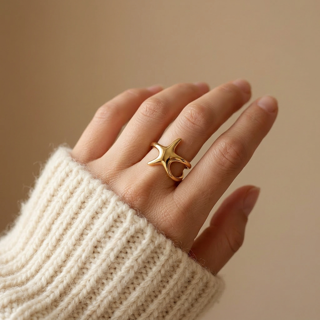 Close-up of a feminine hand wearing a gold starfish ring with five-pointed sea star shape, the nautical beach aesthetic resting on the finger. Soft natural lighting, warm beige linen background, natural skin texture with visible pores and slight imperfections.