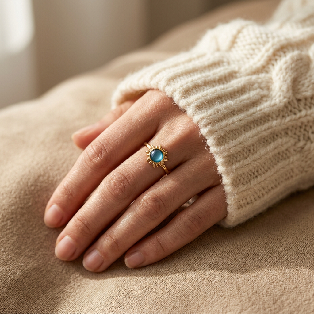 Close-up of a feminine hand wearing a gold sun ring with vibrant blue turquoise center stone and radiating sunburst rays, the celestial design resting on the finger. Soft natural lighting, warm beige linen background, natural skin texture with visible pores and slight imperfections.