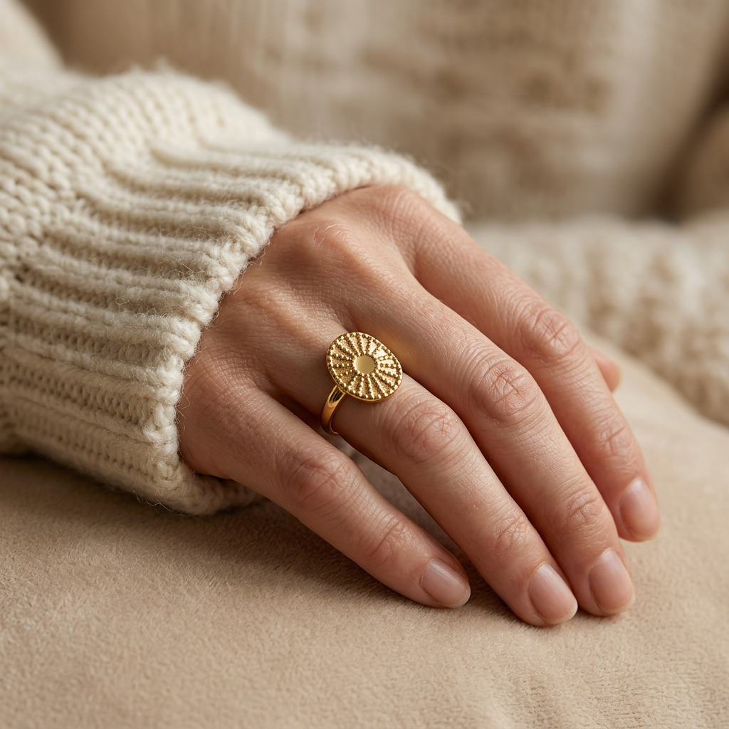 Close-up of a feminine hand wearing a gold sun coin filigree ring with intricate radiating pattern and smooth polished center, the ornate celestial design resting on the finger. Soft natural lighting, warm beige linen background, natural skin texture with visible pores and slight imperfections.