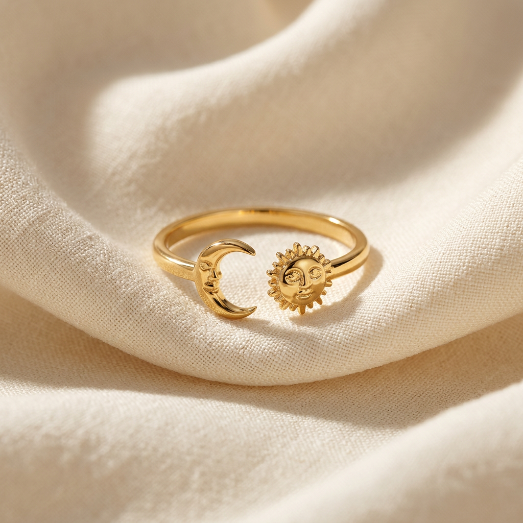 A gold sun and moon open ring with anthropomorphic sun face and crescent moon charms lying flat on a white background with soft natural shadows, showing the detailed facial features, radiating rays, adjustable open band, and polished gold finish from above.