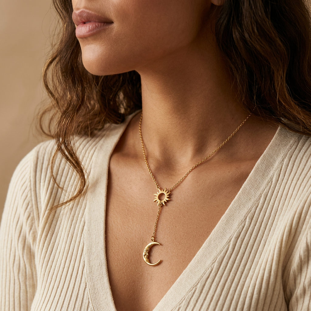 Close-up of a feminine neck and collarbone wearing a gold sun and moon Y necklace, the radiating sun resting at the chest with dangling crescent moon below. Soft natural lighting, warm beige linen background, natural skin texture with visible pores and slight imperfections.