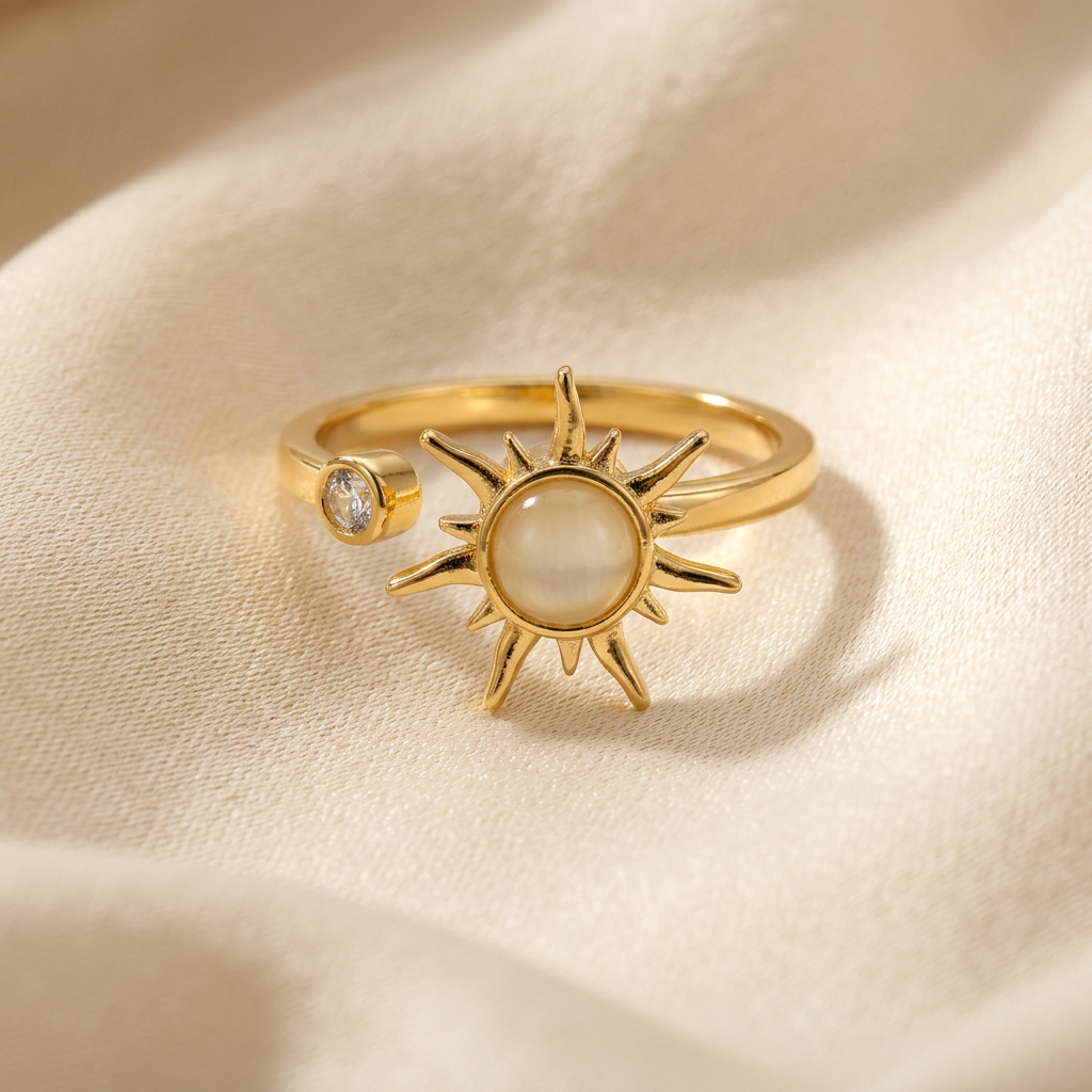 A gold sun spinner ring with rotating sunburst center, pearlescent moonstone center and small clear crystal accent lying flat on a white background with soft natural shadows, showing the kinetic celestial design, radiating rays, and polished gold finish from above.
