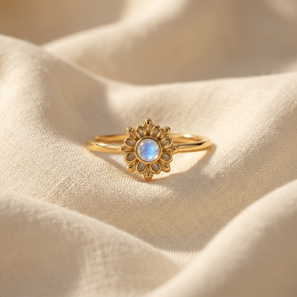 A gold sunburst flower ring with radiating petal design and central iridescent moonstone lying flat on a white background with soft natural shadows, showing the celestial bloom symbolism, detailed petal texture, and polished gold finish from above.
