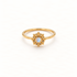 A gold sunburst flower ring with radiating petal design and central iridescent moonstone, delicate slim band, shown from front and side angles on a clean white background displaying the celestial bloom symbolism, detailed petal texture, and polished gold finish.