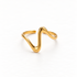 A gold wave heartbeat ring with zigzag pulse line design and smooth curved peaks, open adjustable band with organic fluid shape, shown from front and side angles on a clean white background displaying the rhythmic line pattern, sculptural wave form, and polished gold finish.