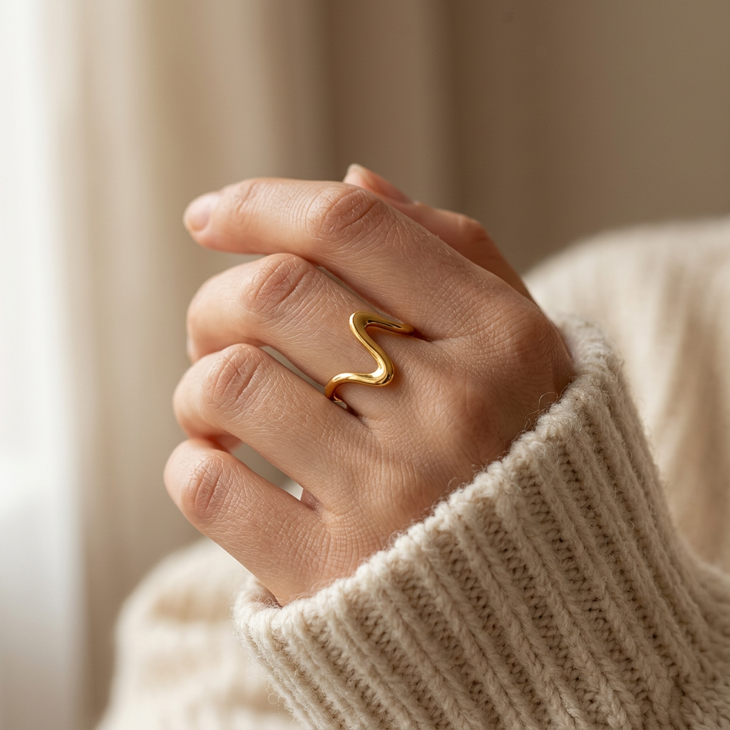 Close-up of a feminine hand wearing a gold wave heartbeat ring with zigzag pulse line design, the rhythmic organic shape resting on the finger. Soft natural lighting, warm beige linen background, natural skin texture with visible pores and slight imperfections.
