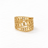 A gold wide band cutout ring with multiple rows of circular geometric cutouts and beaded edge details, openwork statement design, open adjustable band, shown from front and side angles on a clean white background displaying the intricate lattice pattern, substantial presence, and polished gold finish.