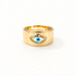 A gold wide band evil eye ring with thick statement band, multi-colored rainbow crystals surrounding deep blue center stone, bold protective symbol design, open adjustable band, shown from front and side angles on a clean white background displaying the vibrant stone detail, substantial presence, and polished gold finish.